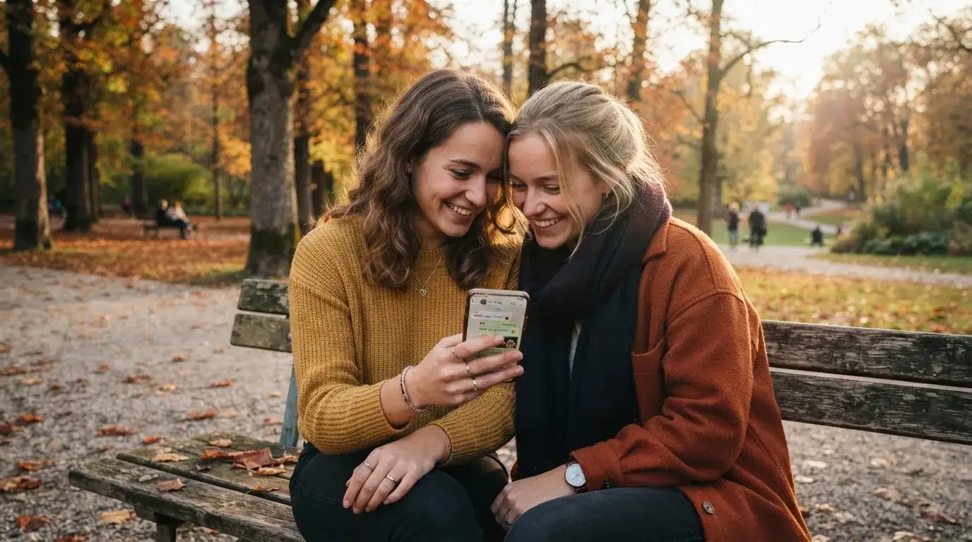 Zwei Freunde sitzen draussen auf einer Bank und schauen zusammen auf ein Smartphone, Herbstlicht.